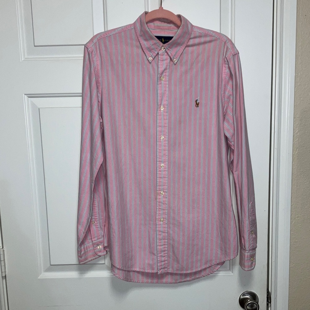Ralph Lauren Men's Pink and White Striped Oxford Shirt Size Medium